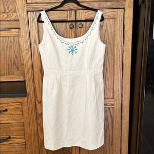 Studio I white jacquard turquoise bead accent dress‎ Short Bridal women’s 14